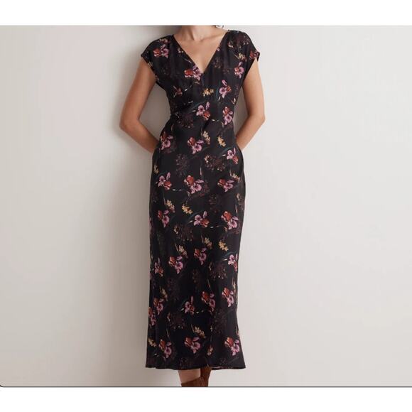 MADEWELL | Black Floral Wide V Neck Midi Dress Vegan Silk 1920s Style | Size 8 - Picture 1 of 8